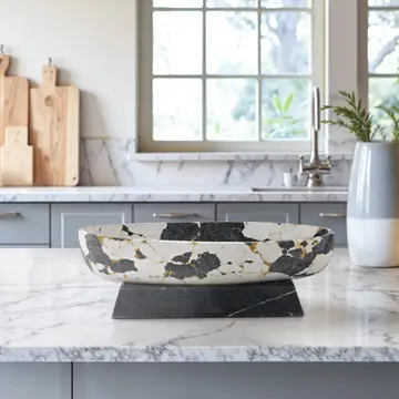 Decorative Bowl - Black/White Marble Gold Pedestal 18 in.