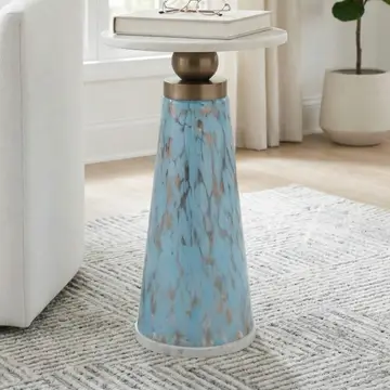 Side Table - Brown/Amber Marble Top with Pedestal, 21 in.