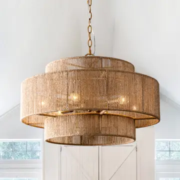 Farmhouse Chandelier 24" Gold Metal + Jute 2-Tiered 6-Light