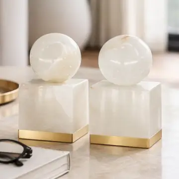 Sculptures Set of 2 - White Marble Orb On Metal Base, 6 in.