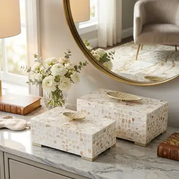 Box Set of 2 - Ivory Shell Inlay with Gold Lid, 12/14 in.