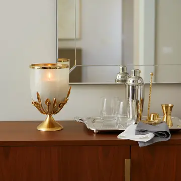 Candle Holder - Gold Glass Metal Frame Hurricane, 15 in.