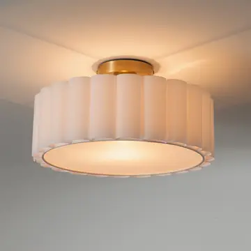 Scalloped, Flush Mount Lamp, Weathered Brass, White Linen, D