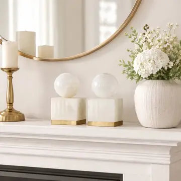 Sculptures Set of 2 - White Marble Orb On Metal Base, 6 in.