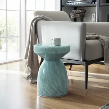 Side Table - Teal Glass Artistic with Pedestal Frame, 20 in.