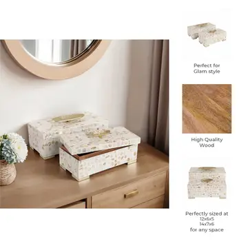 Box Set of 2 - Ivory Shell Inlay with Gold Lid, 12/14 in.