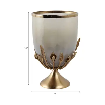 Candle Holder - Gold Glass Metal Frame Hurricane, 15 in.