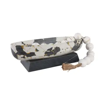 Decorative Bowl - Black/White Marble Gold Pedestal 18 in.