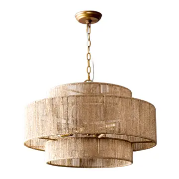 Farmhouse Chandelier 24" Gold Metal + Jute 2-Tiered 6-Light