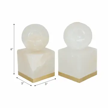 Sculptures Set of 2 - White Marble Orb On Metal Base, 6 in.
