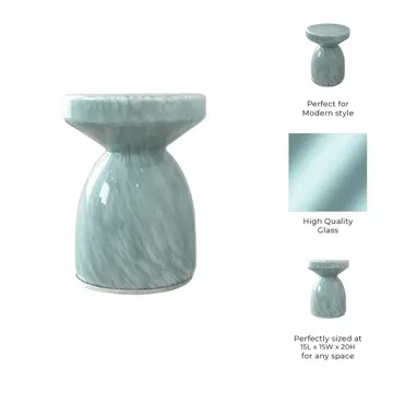 Side Table - Teal Glass Artistic with Pedestal Frame, 20 in.