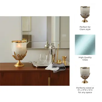 Candle Holder - Gold Glass Metal Frame Hurricane, 15 in.