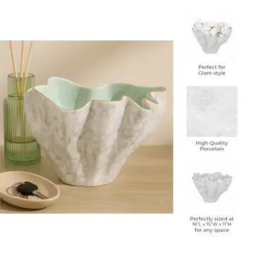 Decorative Bowl - Gray/Green Porcelain Modern Wavy, 16 in.