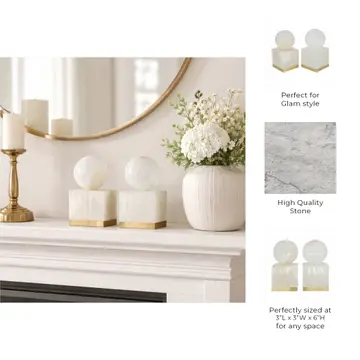 Sculptures Set of 2 - White Marble Orb On Metal Base, 6 in.
