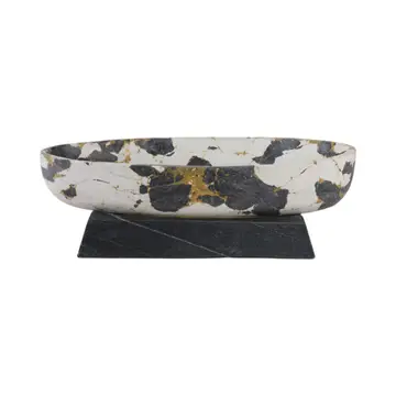 Decorative Bowl - Black/White Marble Gold Pedestal 18 in.