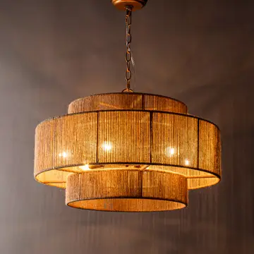 Farmhouse Chandelier 24" Gold Metal + Jute 2-Tiered 6-Light