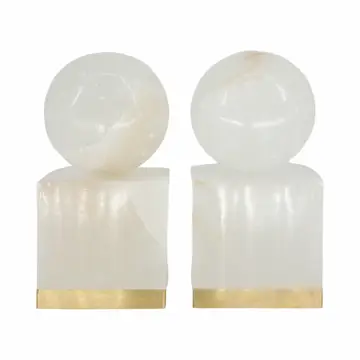 Sculptures Set of 2 - White Marble Orb On Metal Base, 6 in.