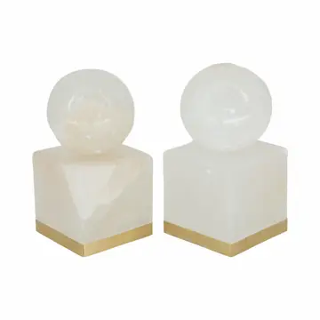 Sculptures Set of 2 - White Marble Orb On Metal Base, 6 in.