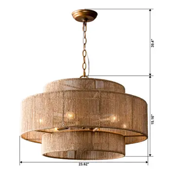 Farmhouse Chandelier 24" Gold Metal + Jute 2-Tiered 6-Light