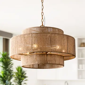 Farmhouse Chandelier 24" Gold Metal + Jute 2-Tiered 6-Light