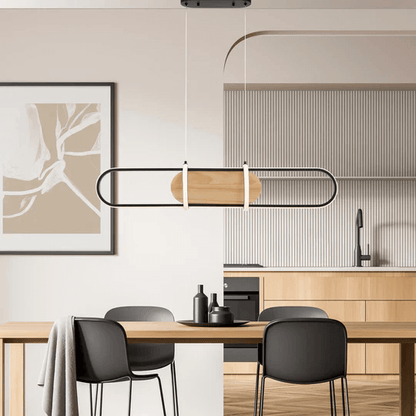 Rounded Rectangle LED Chandelier - Satin Black And Wood Ceiling Ligh