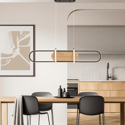 Rounded Rectangle LED Chandelier - Satin Black And Wood Ceiling Ligh